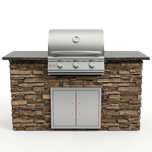 WPPO stone-faced outdoor kitchen island with Blaze three-burner grill and stainless-steel access doors on a white background.