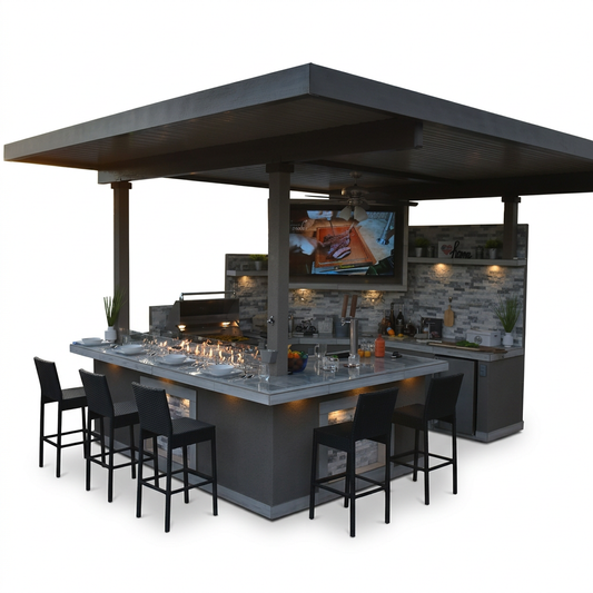Kokomo Bermuda covered outdoor kitchen with TV, lit countertop fire feature and bar stools on a white background.