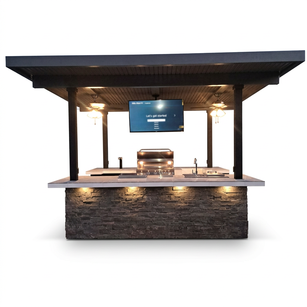 Kokomo Big Island outdoor kitchen with roof, mounted TV, grill and illuminated stone-look bar on a white background.