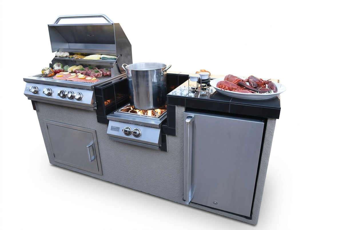 Kokomo outdoor kitchen island with open grill, pot on the wok burner and refrigerator on a white background