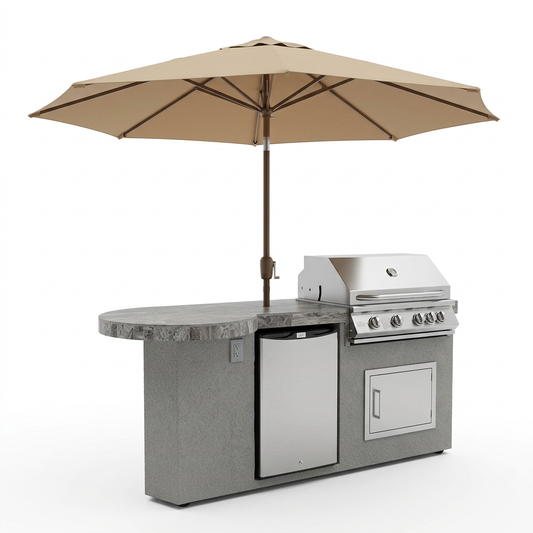 Kokomo Maui outdoor kitchen island with closed grill, refrigerator, round bar and tan umbrella on a white background.