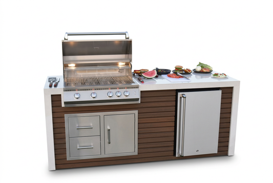 Kokomo waterfall-edge outdoor kitchen island with open grill, refrigerator, drawers and access door on a white background