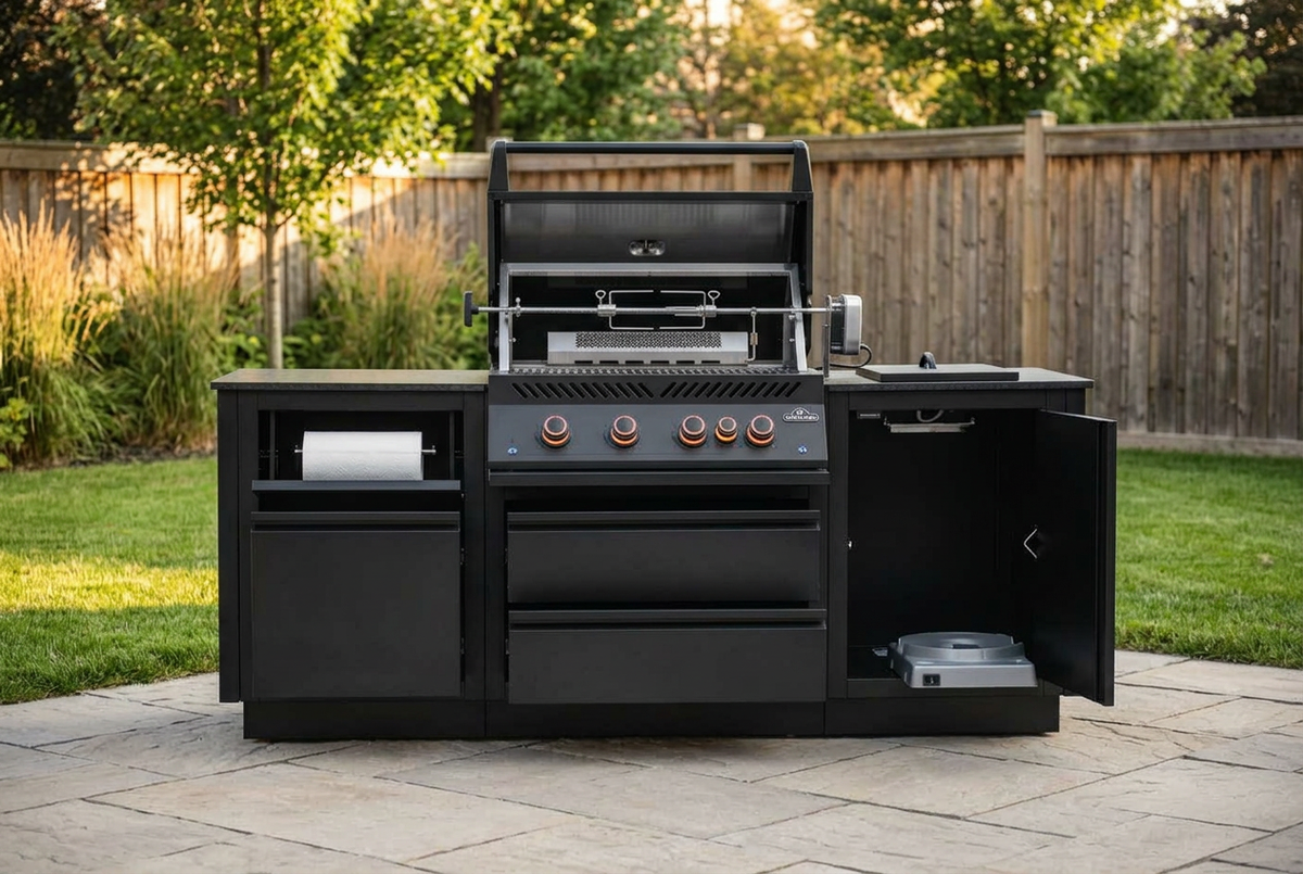 Napoleon OASIS modular outdoor kitchen with open grill lid and tank cabinet on a landscaped backyard patio.