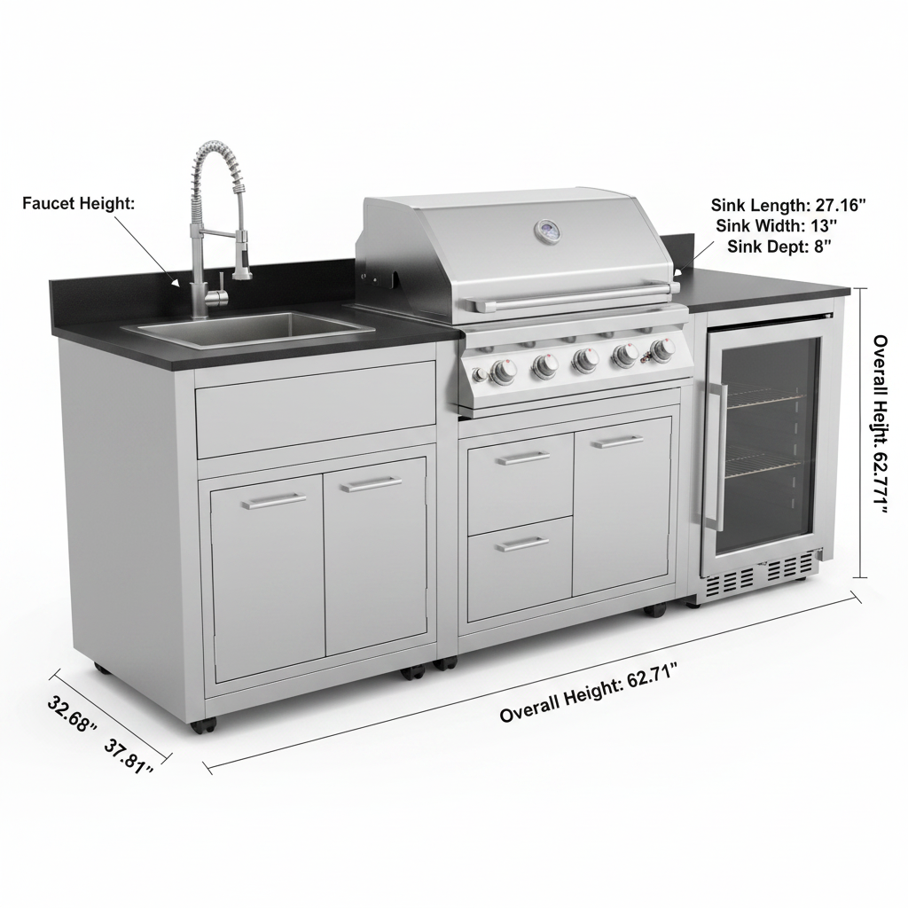 102.4" Outdoor Kitchen Island, 4-Burner Propane Gas BBQ Grill 59500 BTU 304 Stainless Steel, Built-In Sink & Refrigerator for Backyard Patio Cooking (Silver, 102.4"')