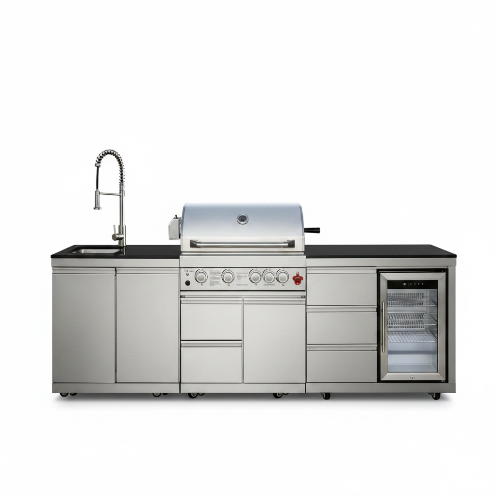102.4" Outdoor Kitchen Island, 4-Burner Propane Gas BBQ Grill 59500 BTU 304 Stainless Steel, Built-In Sink & Refrigerator for Backyard Patio Cooking (Silver, 102.4"')