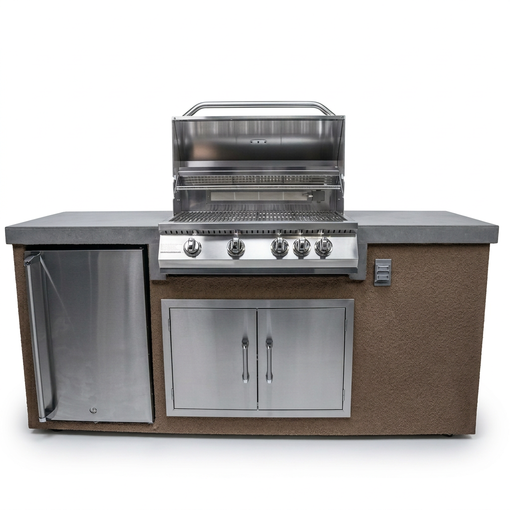 Kokomo outdoor kitchen island with open grill, refrigerator and double access doors on a white background